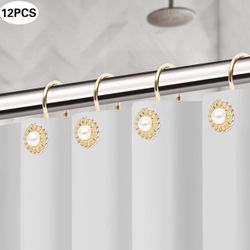 Shower Curtain Hooks Rings, 12pcs Gold Decorative Peal Shower Curtain Hangers, Heavy Duty Metal Single Hook Shower Rings, Flower Hooks for Bathroom Be