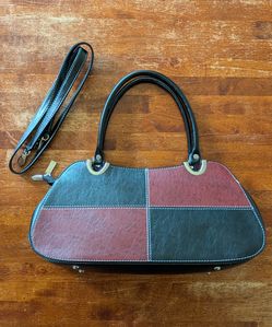 Black/Red Colorblock Satchel Top Handle Bag Zip Closure Detachable Strap
