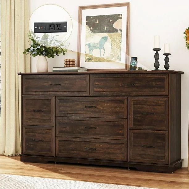 63" Farmhouse Dresser with 9 Drawers with Power Charging Station, Rustic Chest of Drawers Wood Organizer TV Stand for Bedroom Living Room