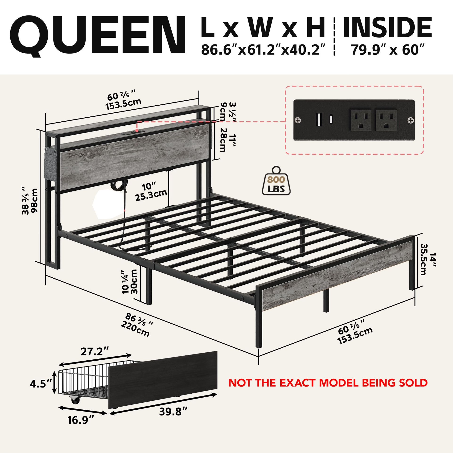 New Grey Queen Size LED Platform Bed Frame with Shelves and 4 Storage Drawers Headboard Charge Station Metal Support