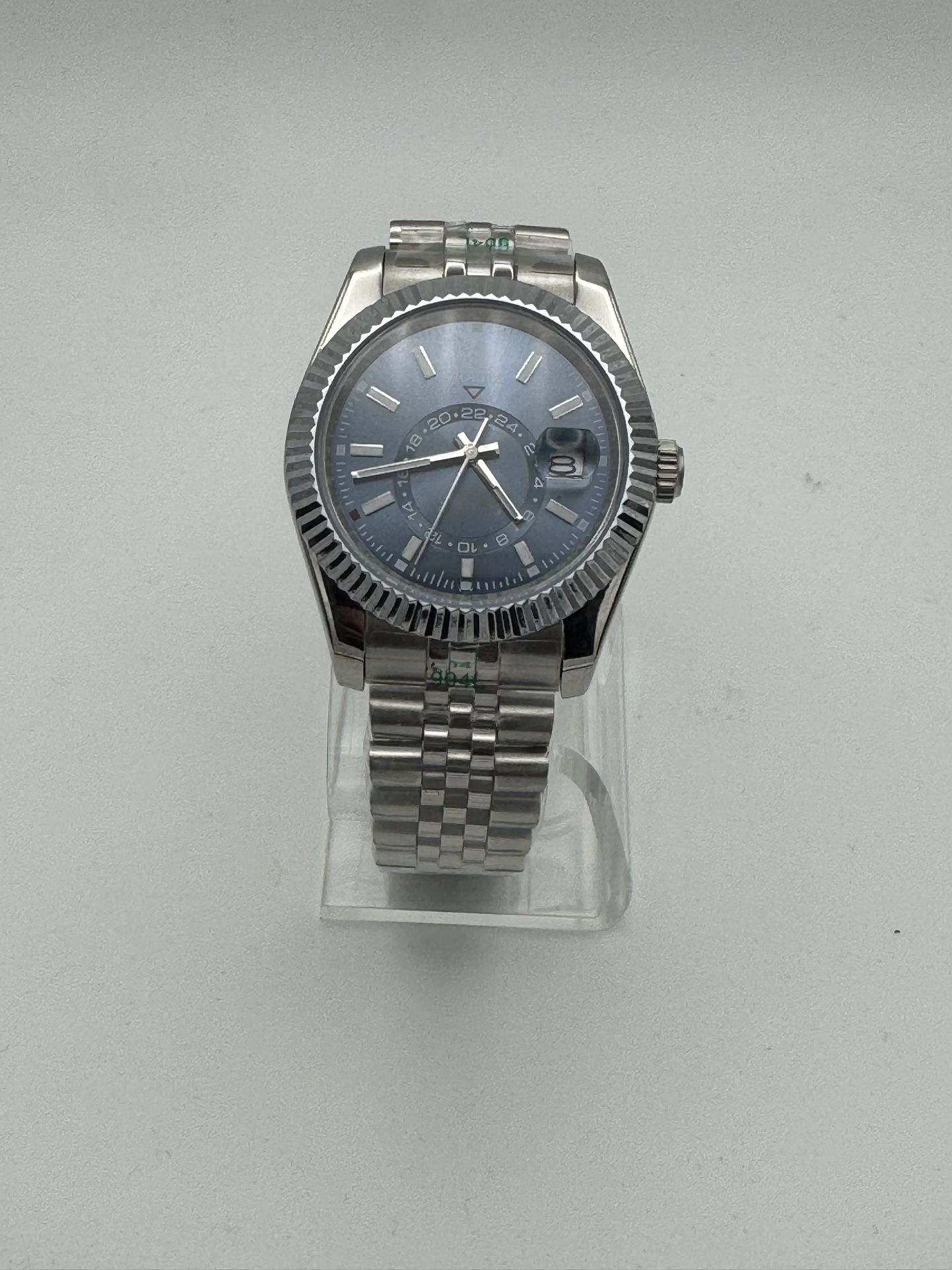 Stainless Steel Watch with Blue Dial and Fluted Bezel
