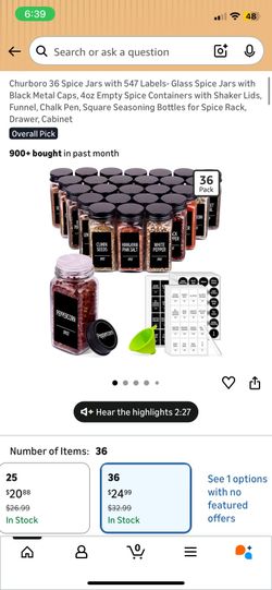 Churboro 36 Spice Jars with 547 Labels- Glass Spice Jars with Black Metal Caps, 4oz Empty Spice Containers with Shaker Lids, Funnel, Chalk Pen, Square
