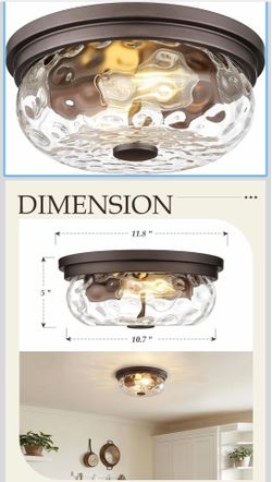 Farmhouse Ceiling Light Fixtures, HWH 2-Light Flush Mount Ceiling Light for Bedroom, Indoor Ceiling Mount Light with Water Ripple Glass, Oil-Rubbed Br