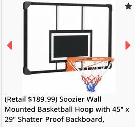 Soozier Wall Mounted Basketball Hoop with 45" x 29" Shatter Proof Backboard,