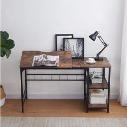 Home Office Desk 55” Computer Desk, Large Draft Drawing Table with 2-Tier Shelf Multifunctional Study Writing Table, Tiltable PC Laptop Desk W