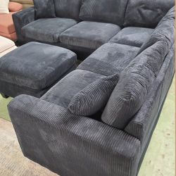Black Corduroy Sectional Sofa With Ottoman New