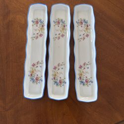  Vintage LEC LeClair Limoges France Porcelain Pen Trays - Set of 3 Wildflower Cobalt Blue Scalloped Border