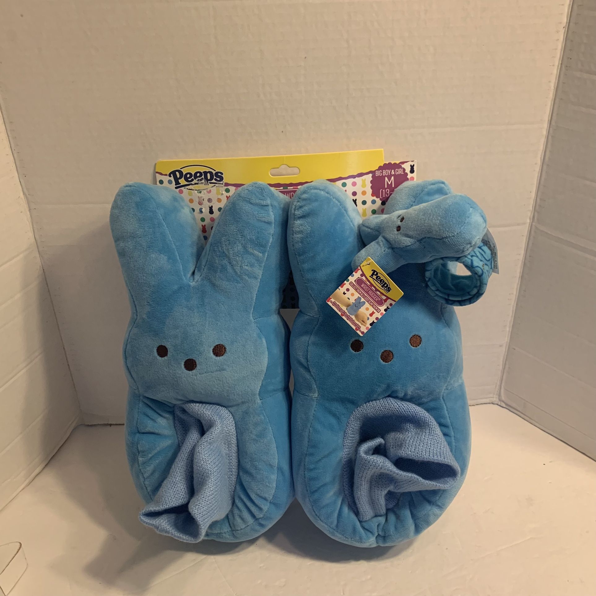 NWT Peeps Kids Easter Blue Plush Bunny Slippers & Wrist Hugger Size M 13-1
