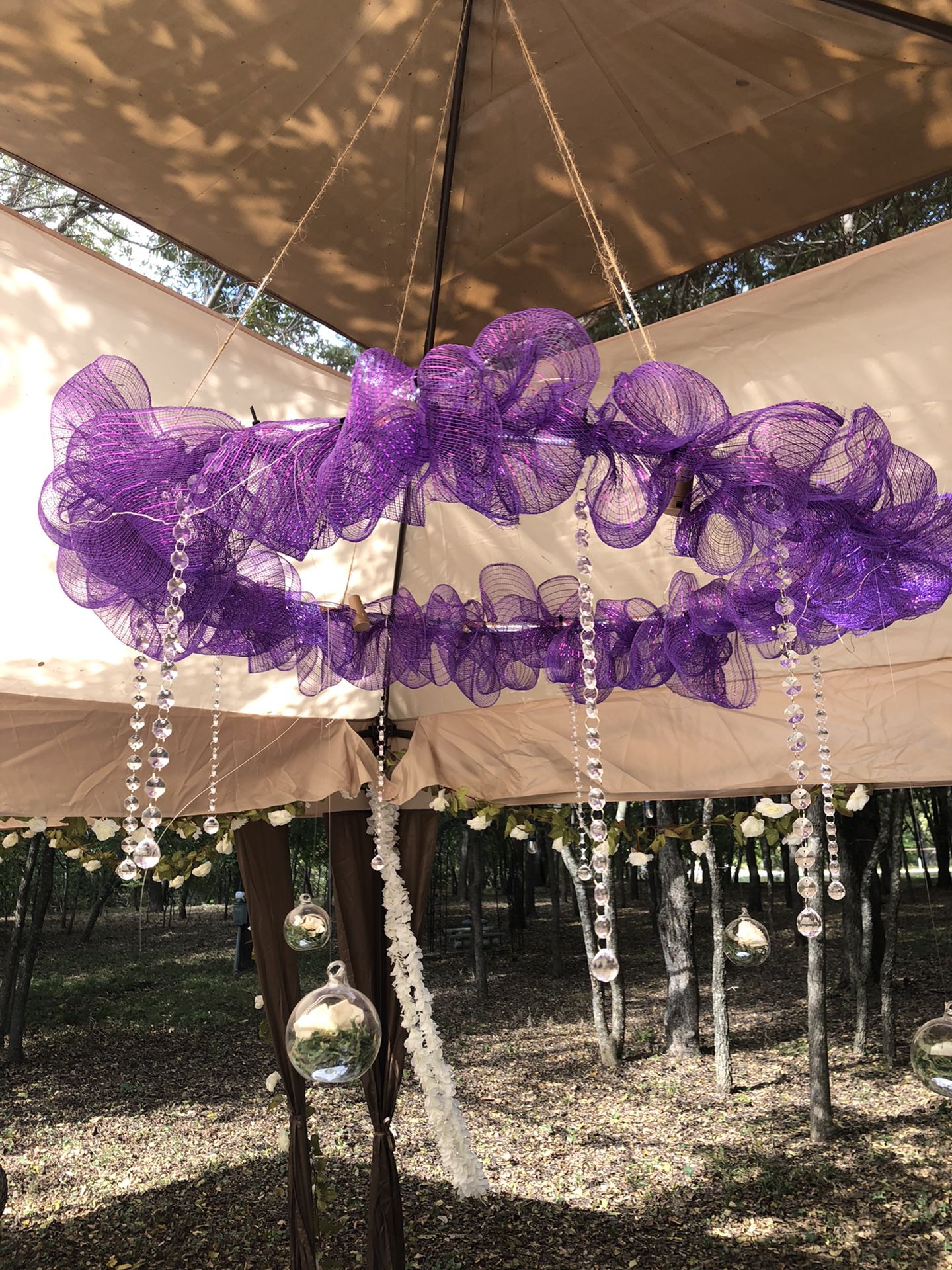 Wedding Decor: Purple Mesh Chandeliers (3) With Beading And Glass Globes, and 1 Purple Mesh Wreath With White Flowers 