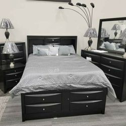 💛New Furnitures > _ free delivery queen or king bed frame dresser mirror nightstand chest mattress 
 Emly  Black Storage Platform Bedroom Set 
