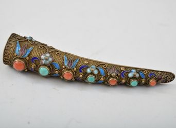 Chinese antique vermei sterling silver finger guord brooch w/ coral、turquoise、enamel
