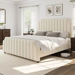 Velvet Bed Frame, 50.2" Tall Headboard & Footboard, Upholstered Platform Bed Frame with Nailhead Tri