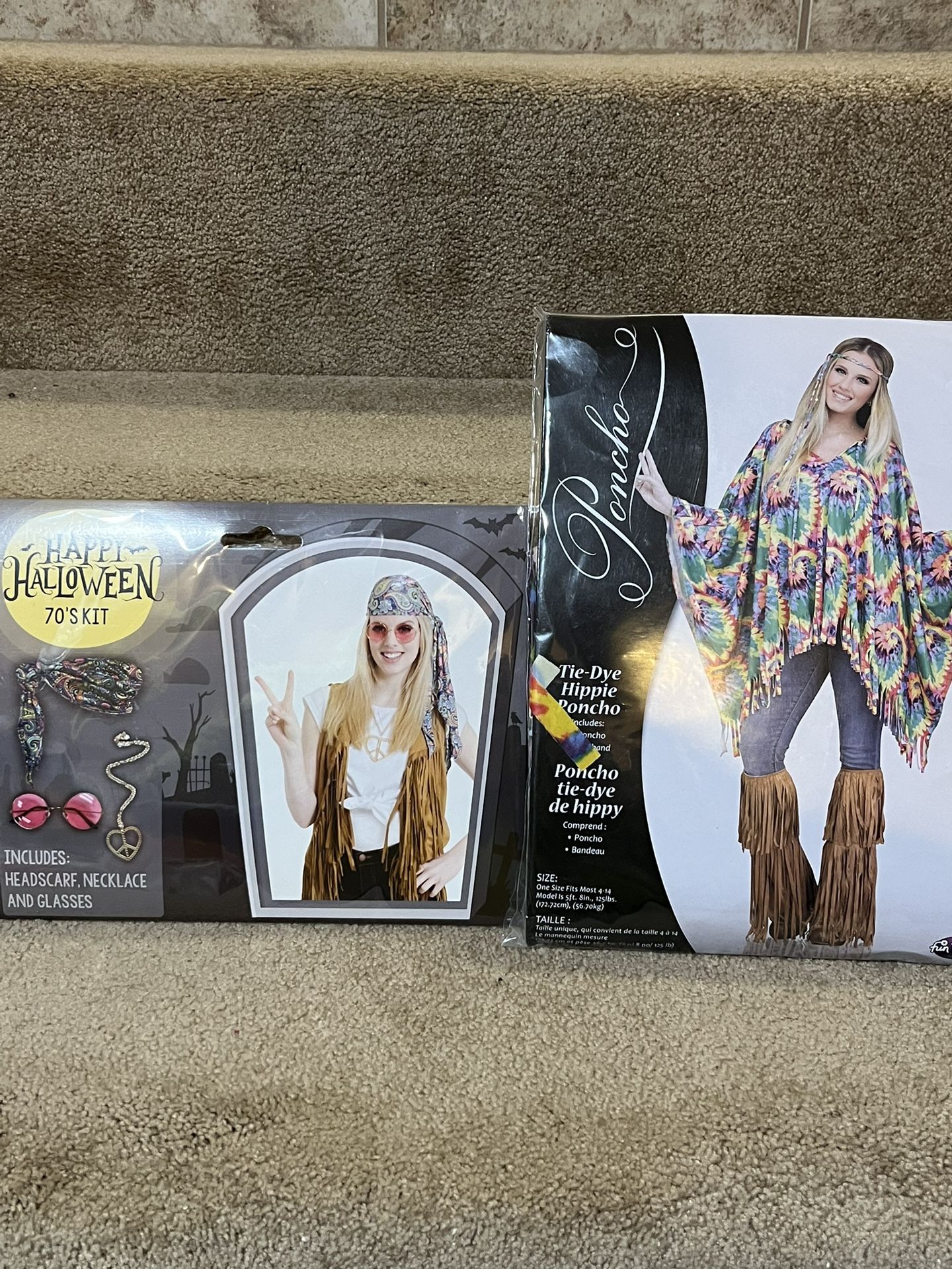 Adult Hippie Tie-Dye Poncho 70s Costume One Size & kit glasses head scarf