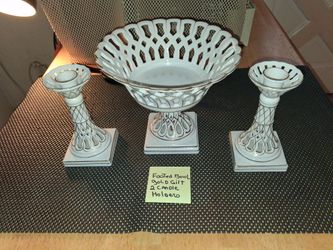 Footed bowl with gold Gilt and two matching candle holders.. could be Andrea by sadek.. selling as a set. All sales final.