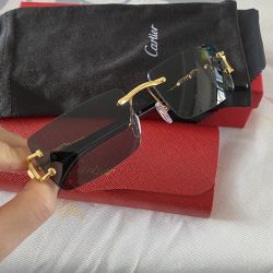 Cartier Black Frameless Sunglasses With Leopard Temples 