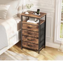 Night Stand with Charging Station, 4 Drawer Dresser for Bedroom, Bedside Table, 33.9 Inch Tall Nightstand with Open Shelf, End Table, for Closet, Entr
