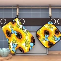 Sunflower Butterfly Oven Mitt and Pot Holder Set