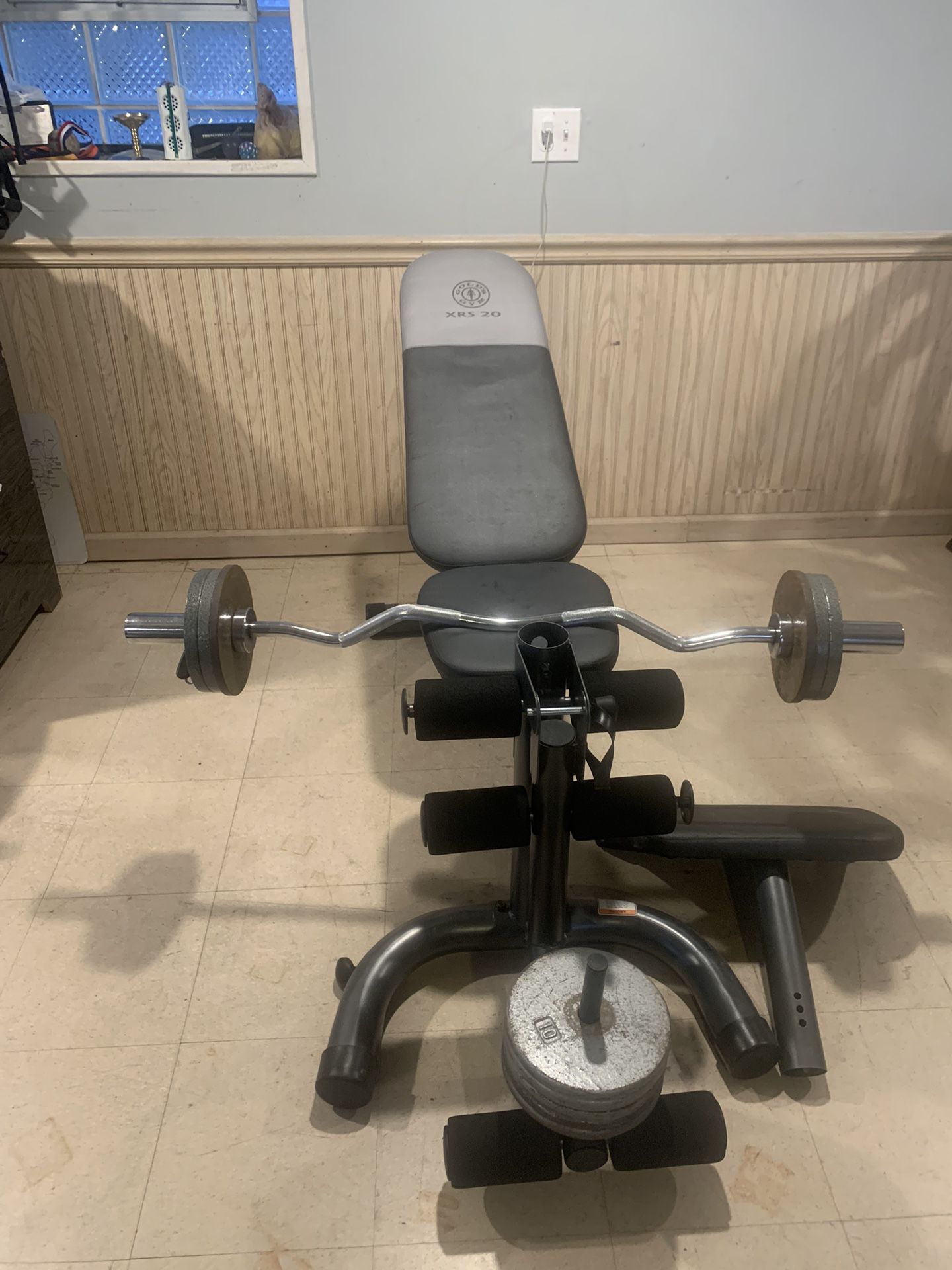 Incline - Decline Bench With Legs Extension With 50   Lbs And Curl Preacher  And Olimpic Bar With 30 Pounds 2” Discs And 2” Inches Clips 80 Lbs Total 