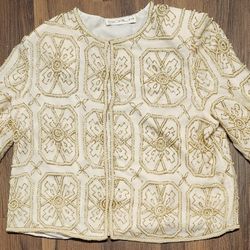 1980's Vintage Womens Sz M Scala 100% Silk Beaded Jacket in Cream & Gold, Still Like New!