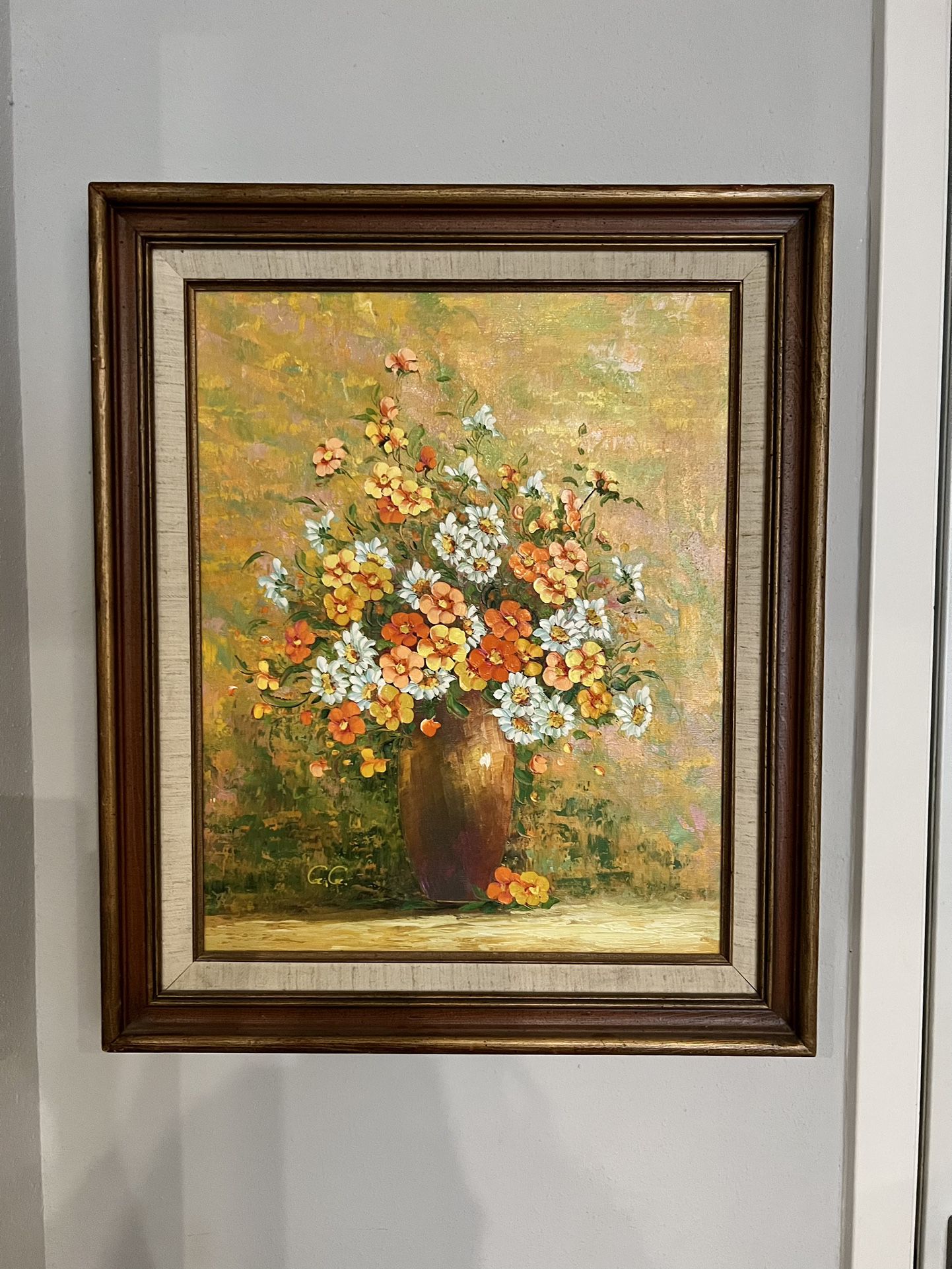Large Vintage Floral Acrylic Painting. Framed Canvas Painting. Warm Colors MCM Mid Century Decor