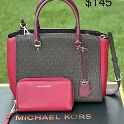 MICHAEL KORS Benning color-block large satchel with Wallet, good condition/Set MK