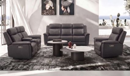GREY GENUINE LEATHER POWER RECLINING SET