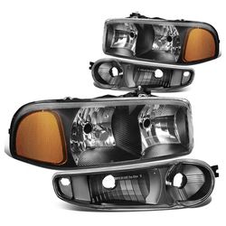 GMC Denali 01-06 Black Housing With Amber Reflector Headlights  Faros delanteros GMC Denali 01-06 con carcasa negra y reflector ámbar.