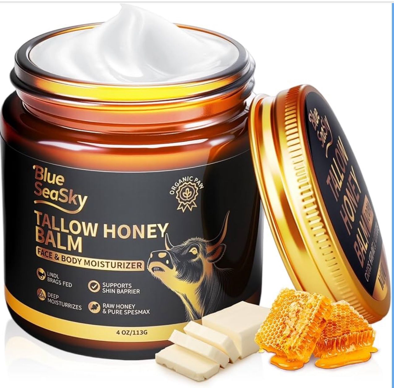 Upgraded Beef Tallow for Skin Handmade Whipped Organic Grass-Fed Tallow Balm with Raw Wild Honey for Eczema & Rosacea,Non-Comedogenic Face,Body Moistu