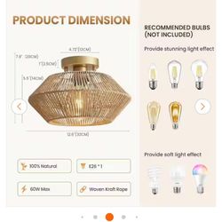 SILJOY 12.6 in. 1-Light Yellow Handcrafted Woven Rattan Lamp Shade Rustic Chandelier. 