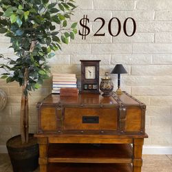Vintage Tall Wood End Side Coffee Table Leather Detail