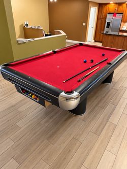 Pool Table with Red Felt and Accessories
