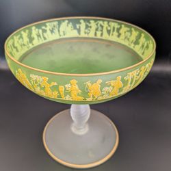 Vintage Satin Green Pedestal Bowl Italy Gold Rim Greek 6.5"