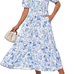 GRACE KARIN 2025 Women's Summer Floral Flowy A Line Midi Dresses Elegant Short Sleeve Smocked V-Neck Tiered Dresses 