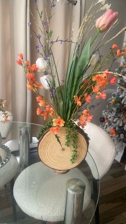 Faux Floral Arrangement on Wood Slice Base