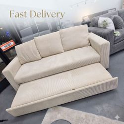 Modern Luxury Ivory Corduroy Convertible Sofa Sleeper with Pull-Out Bed