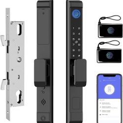 Slim Sliding Patio Door Lock with Keypad eLinkSmart Waterproof Keyless Mortise Smart Lock with Hook for Door Thickness 22~110mm, Aluminum Fingerprint 