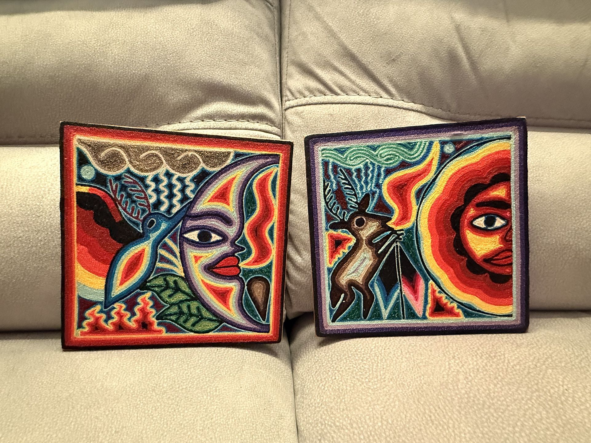 Handcrafted Huichol-style yarn paintings “Ojo de Dios–inspired yarn art” Mexican Folk Art