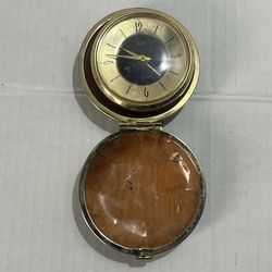 Vintage Elgin Wind Up Travel Alarm Clock Round Black Case Glow In Dark Hands