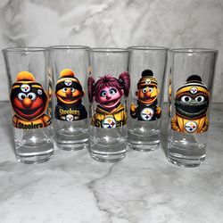 Steelers Sesame Street tall 2 ounce shot glasses (set of 5) - Brand New