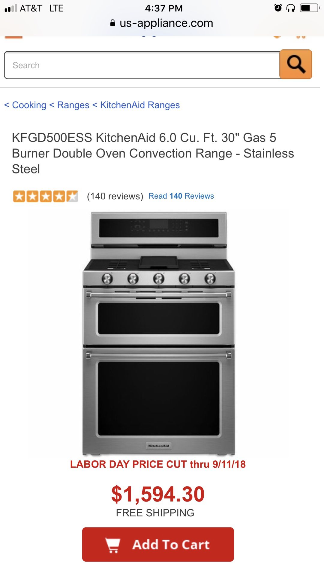 KitchenAid 30-Inch 5 Burner Gas Double Oven Convection Range KFGD500ESS - Stainless Steel