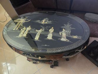 Vintage Asian Black Lacquer Coffee Table & Nesting Stools Set - Mother of Pearl Inlay