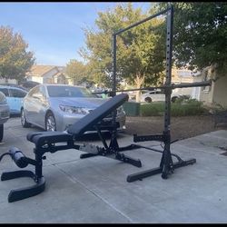 800lb Rated Half Rack Combo With Fully Adjustable Bench And 300 Lb Olympic Weight Set With Barbell And Clips 