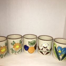 Korea COTC Coffee Mugs Cups Set of 5 Brown Flowers Vintage Glazed Stonewear
