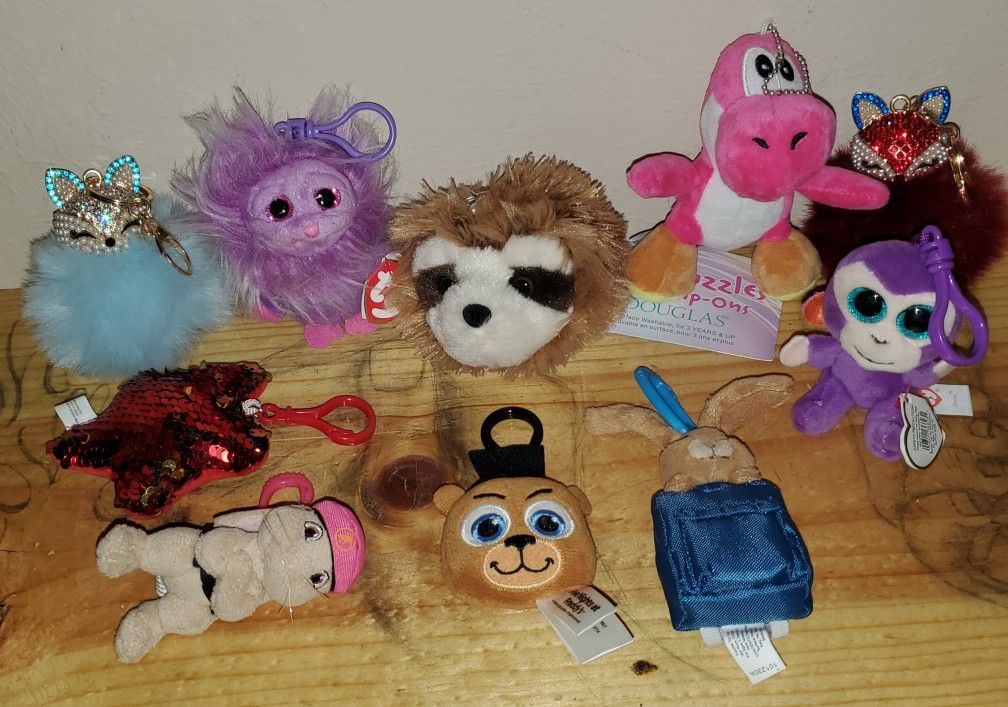 Fuzzy And Soft Backpack Clip And Keychain Collection! 10 Unique Characters! Excellent Condition!