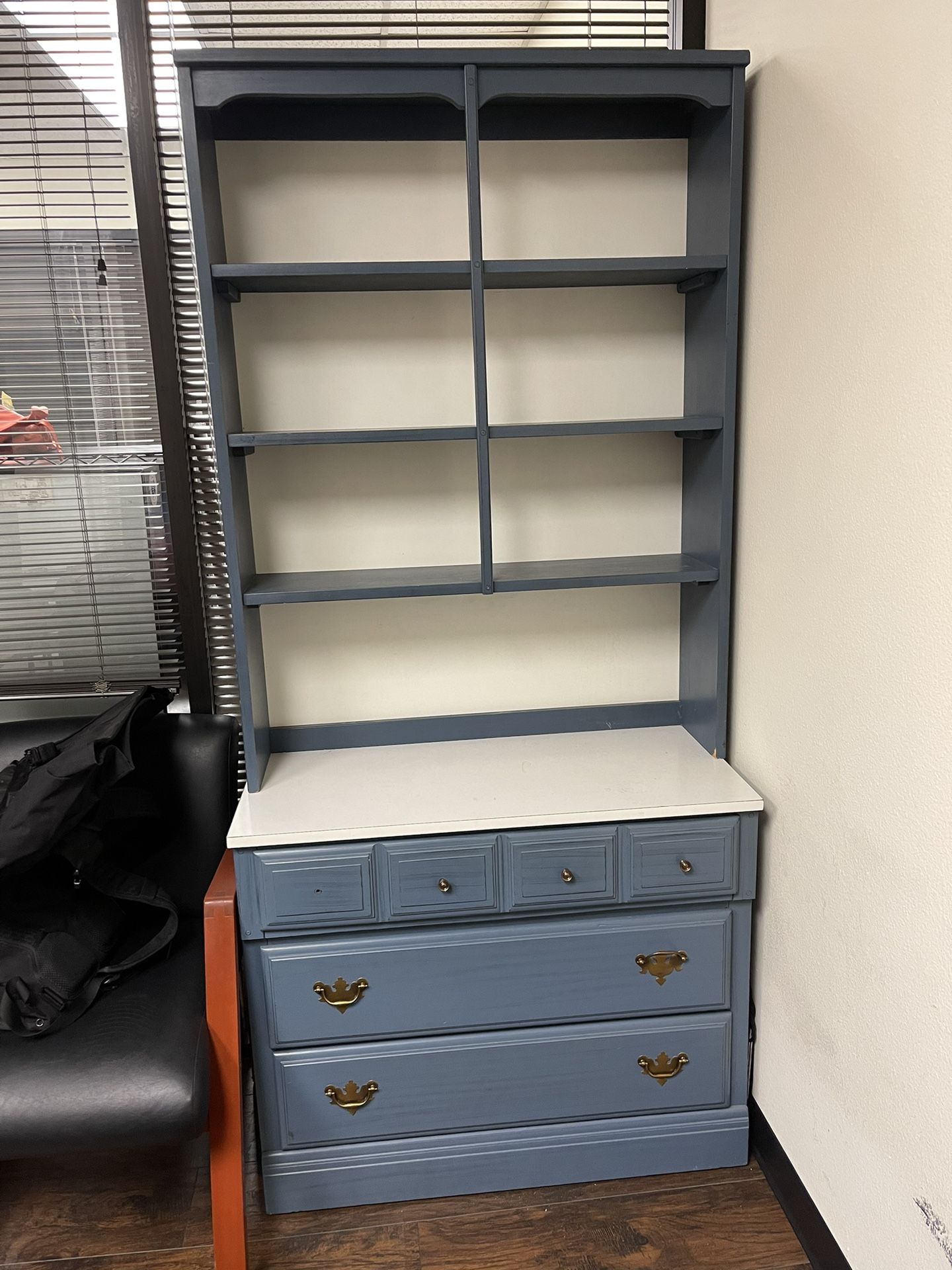 Desk, Library Book Hutch, Drawers.