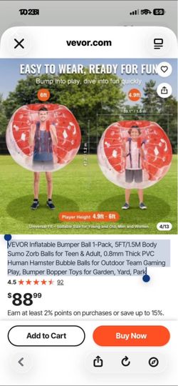 VEVOR Inflatable Bumper Ball 5FT Body Zorb Ball