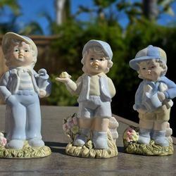 Vintage Porcelain Triplet Boys Figurines Working In Garden 6.5"  - Set of 3