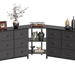 48 Inch Black Dresser for Bedroom, Corner TV Stand for 43, 55 inch TV, L Shaped Chest of Drawer with Storage and Open Shelves, 12 Drawer Fabric Dresse