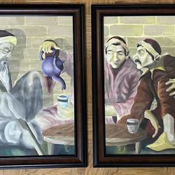 Oil Painting « Three Arab Men Drinking Tea »- Set Of 2 Framed 26x32each