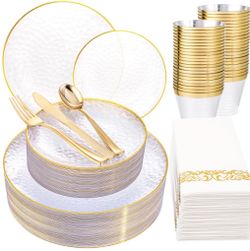 Rubtlamp 175 Pcs Plastic Dinnerware Set (25 Guests), Clear And Gold Plastic Plates, Hammered Party Plates Include Dinner Platos, Dessert Platos, Cups,